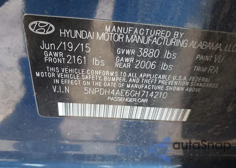 2016 Hyundai Elantra Se/Sport/Limited из США, поврежденный, VIN 5NPDH4AE6GH714210